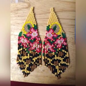 Hand Beaded floer lepord print earrings